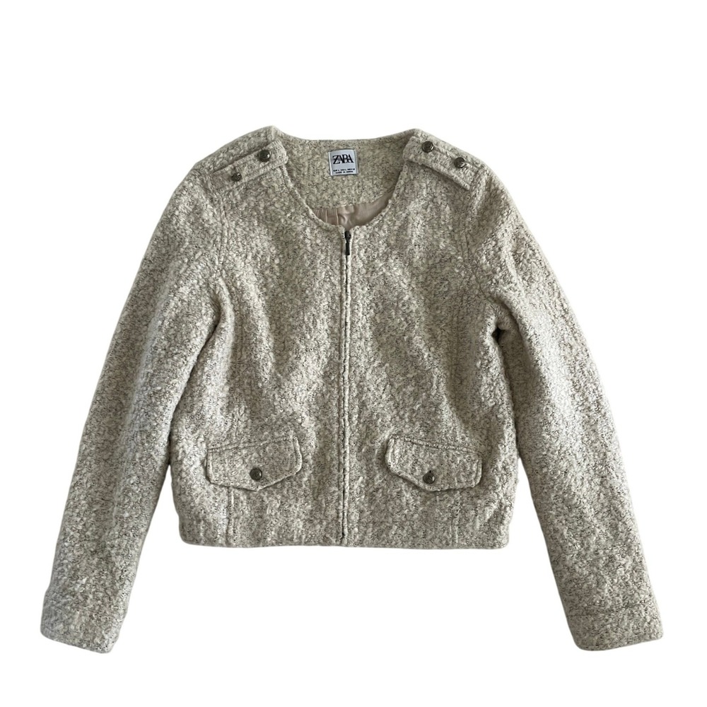 Cream Boucle Textured Zip Up Jacket Military Epaulettes Size M by Zara